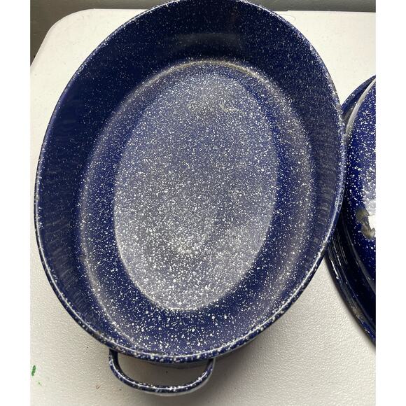 Granite Ware Medium Roasting Pan with Lid 17” X 7” Oval Blue Speckled Domed Lid - Picture 8 of 10